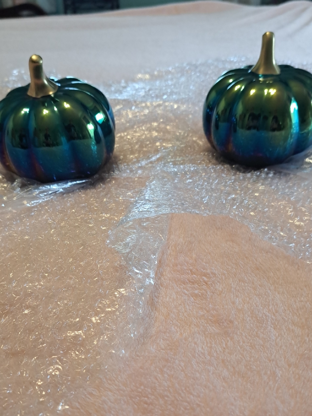 Iridescent Teal Decorative Pumpkin Pair